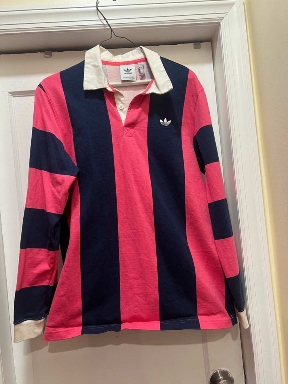 adidas Kids Pink and Navy Striped Rugby Polo with White Collar